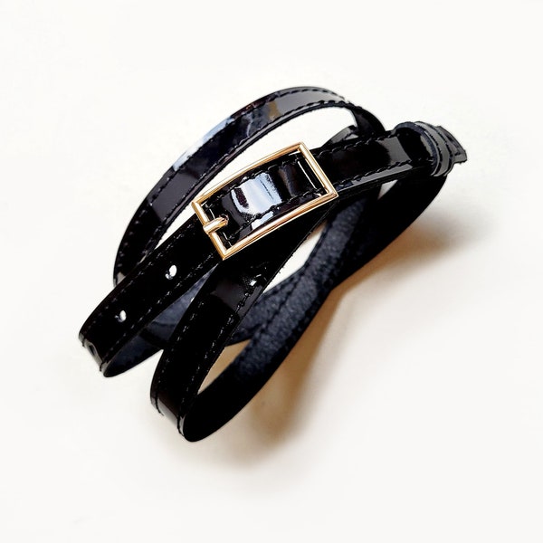 Black leather patent belt, Natural leather skinny waist belt for women