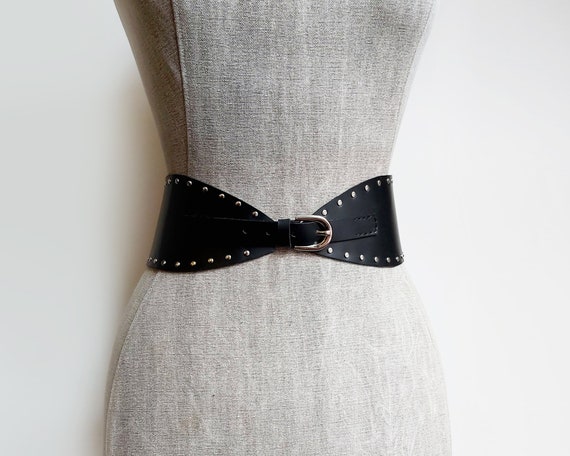Rivet Studded Wide Waist Belt in Black Leather -  UK