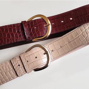Burgundy Croc Leather Belt With Moon Buckle. 2 Inch Wide Croc Pattern