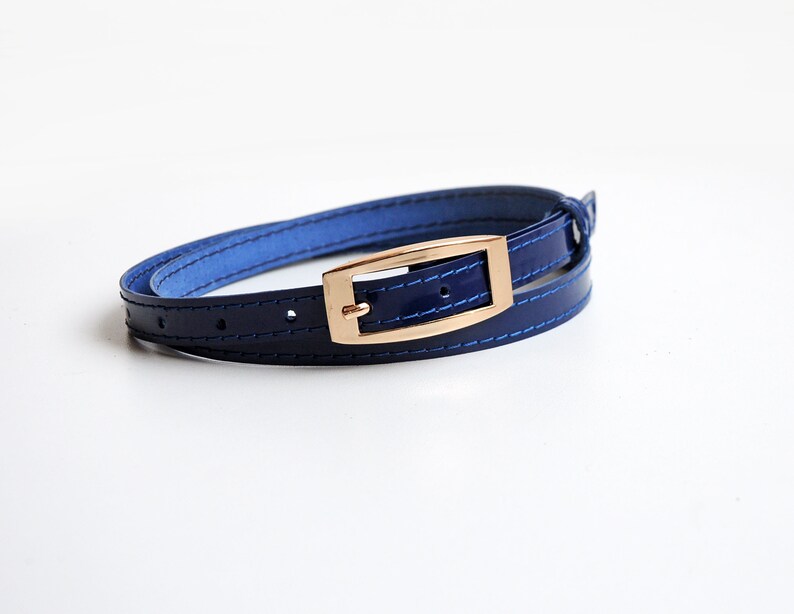 Navy blue skinny patent leather belt for women Genuine Etsy