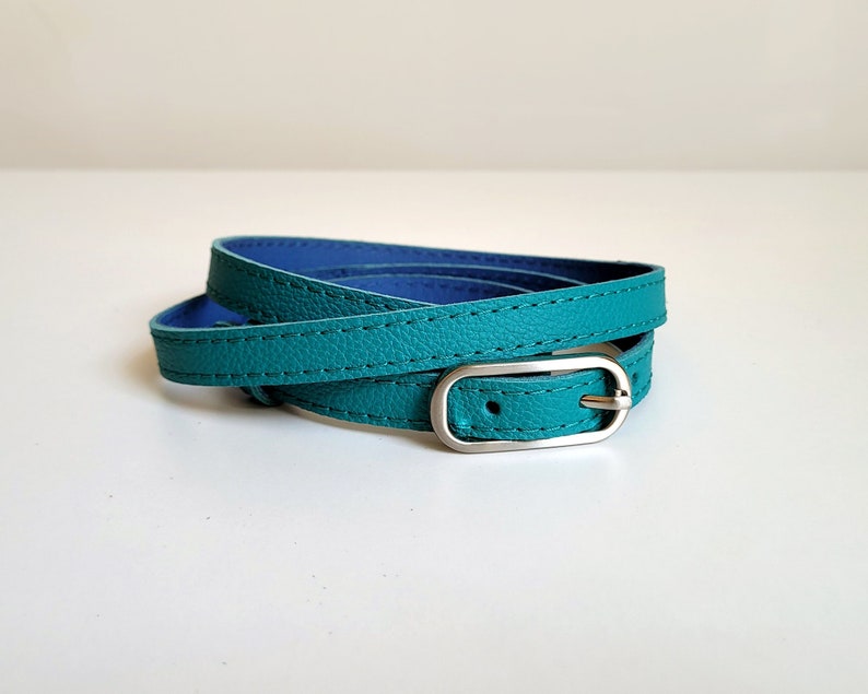 Turquoise leather belt for women with silver colour metal buckle image 1