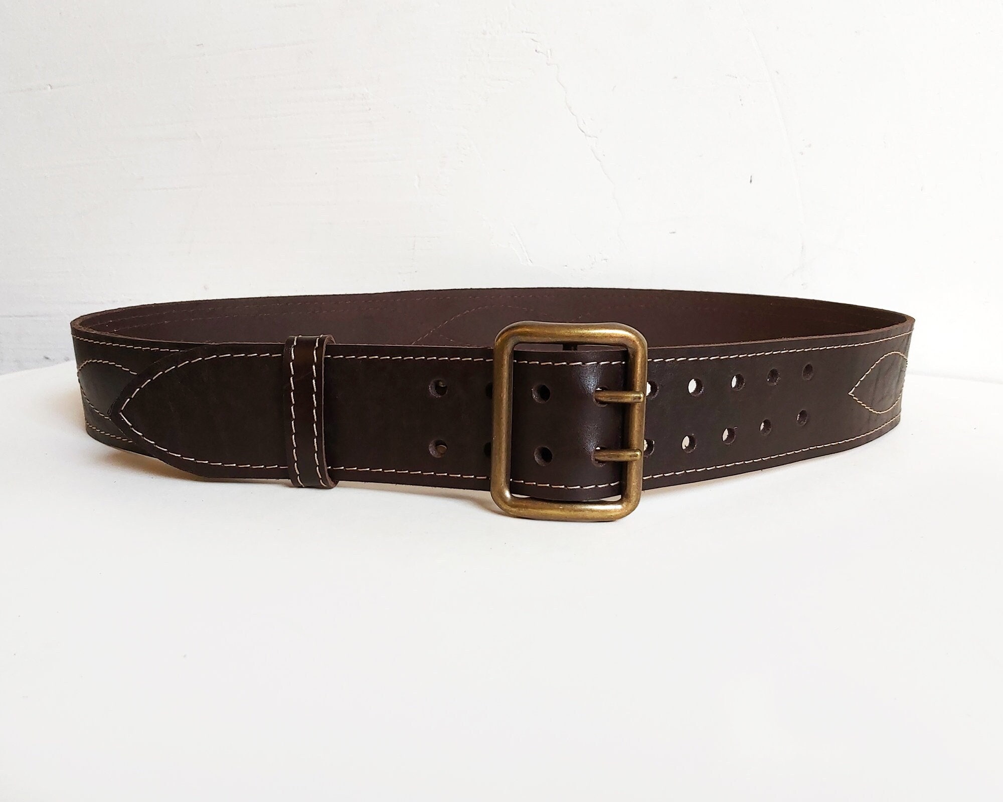 Dark Brown 2 Inch Wide Leather Belt With Double Prong Buckle