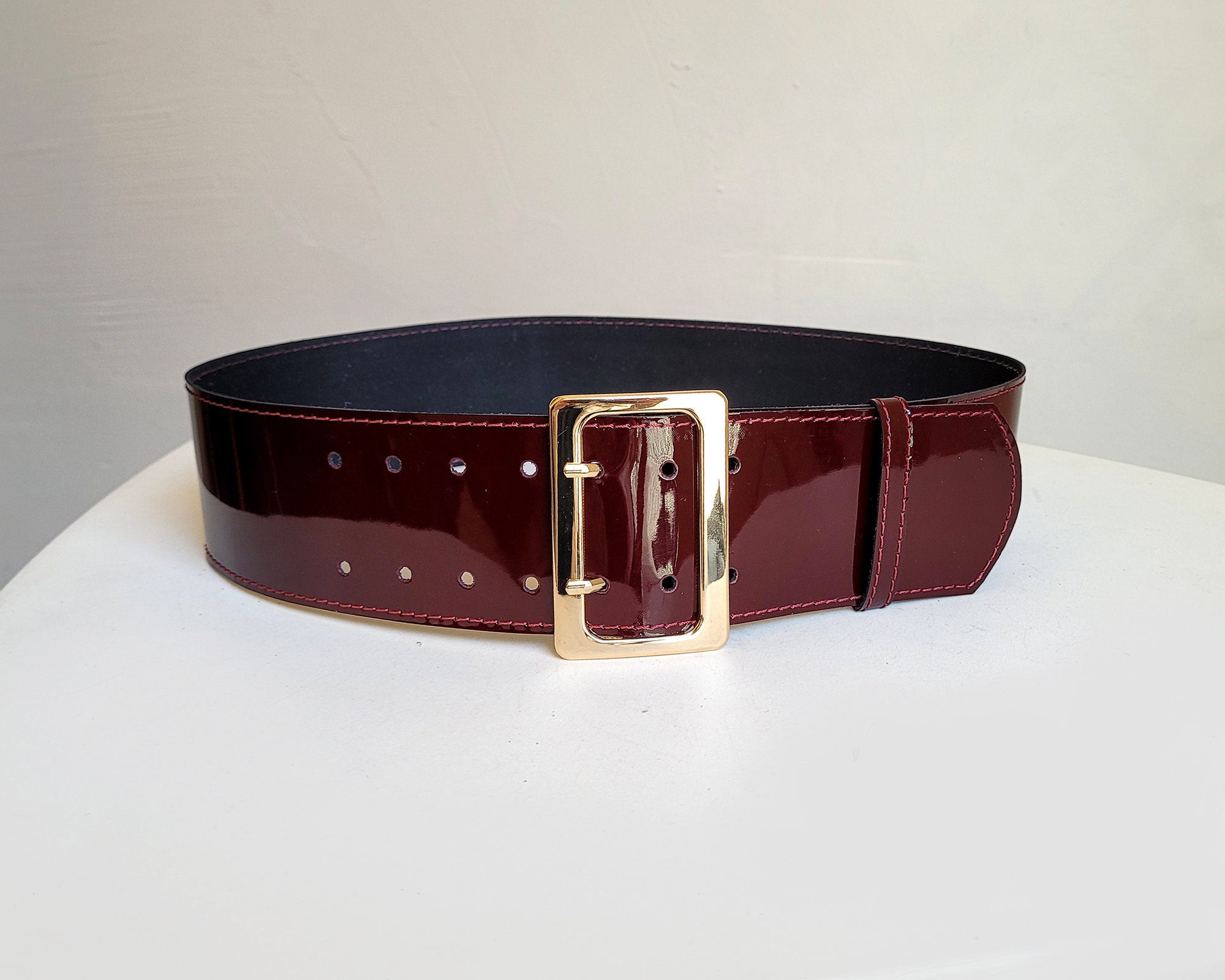 Burgundy Patent Leather Wide Belt: Gold Buckle Waist Belt  display picture 3