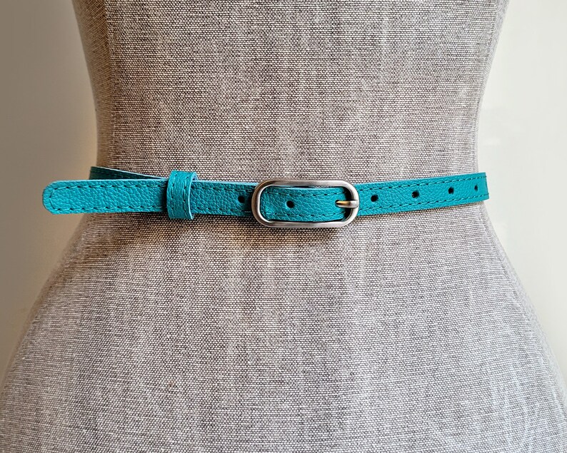 Turquoise leather belt for women with silver colour metal buckle image 7