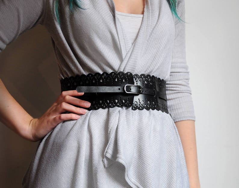 Leather lace waist belt Black leather corset belt
