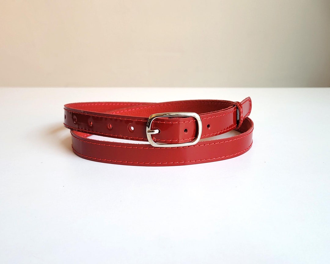 Deep red patent leather-look skinny belt with a rectangular matching buckle and Deep red patent leather-look skinny belt with a rectangular  main image 3