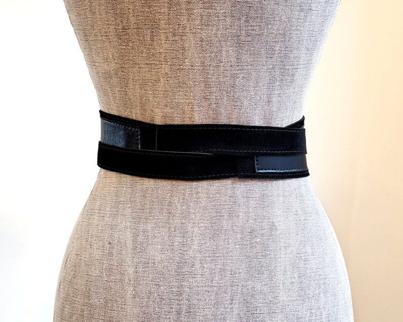 Black leather Obi belt, Black women's wide waist belt image 10