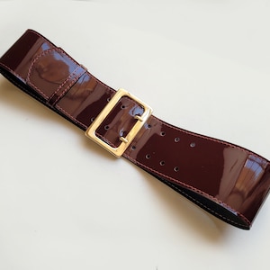 Burgundy Patent Leather Wide Belt: Gold Buckle Waist Belt (70-85 cm)