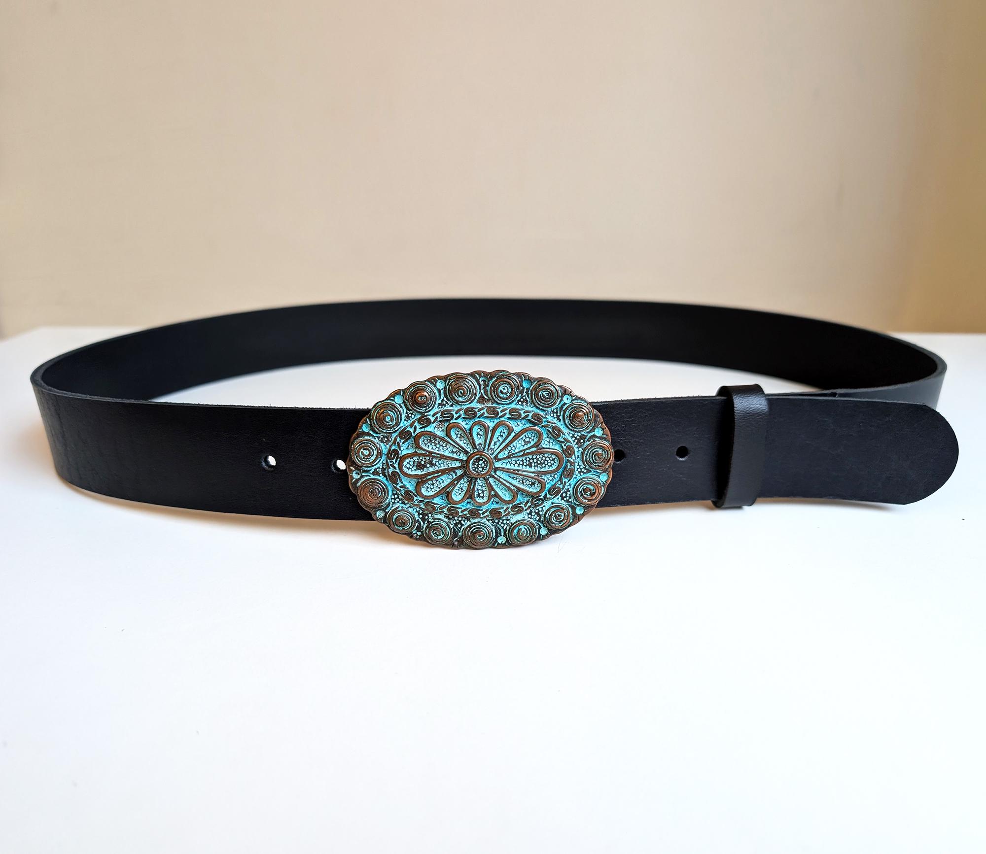 Handmade Leather Belt – Vintage Turquoise Stones Buckle  display picture 1