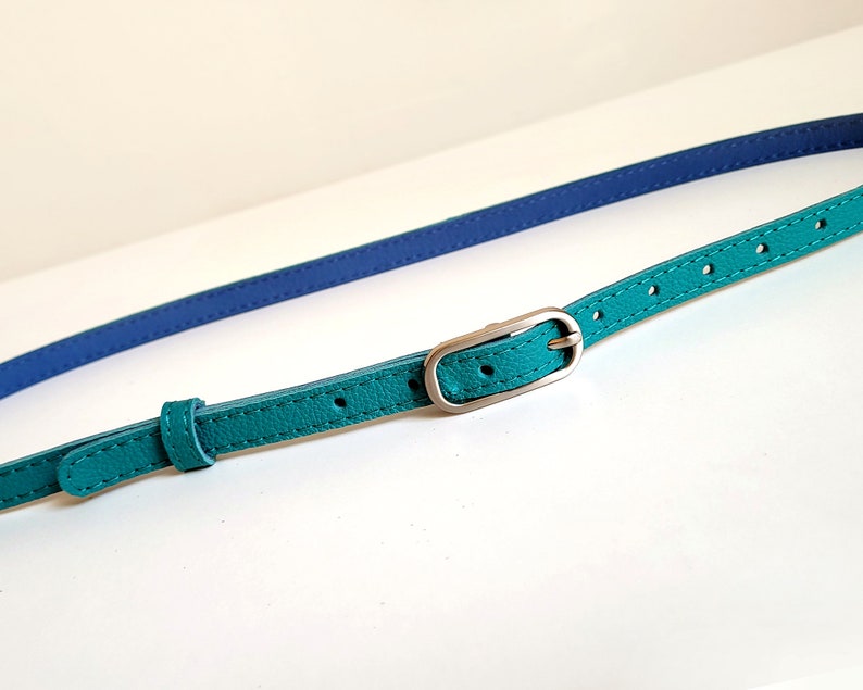 Turquoise leather belt for women with silver colour metal buckle image 5