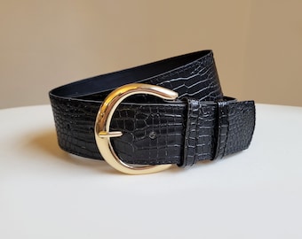 Black Crocodile Leather Belt: Wide Waist Belt with Moon Buckle