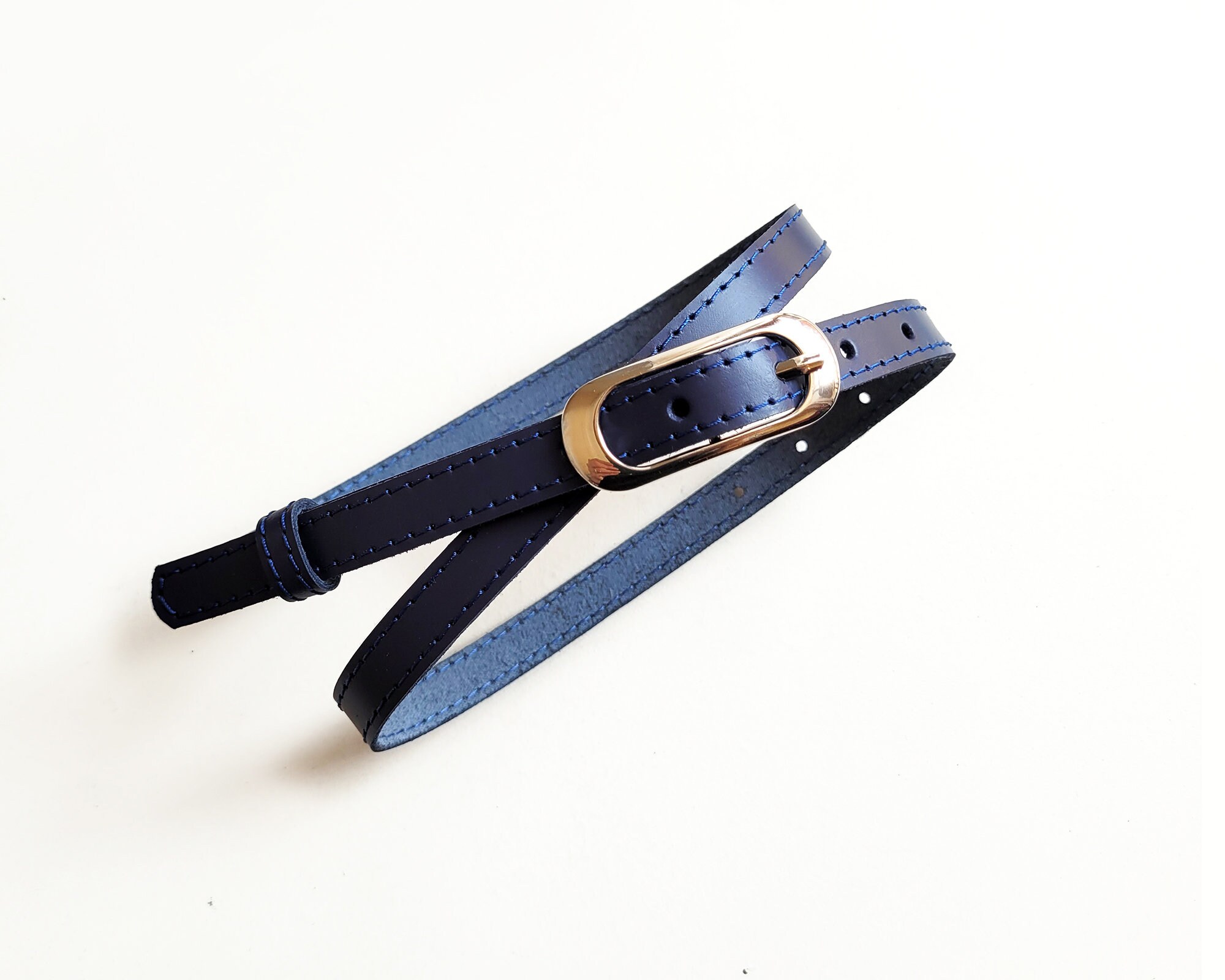 Navy Leather Skinny Belt: Natural Leather, Oval Buckle, DDP  display picture 1