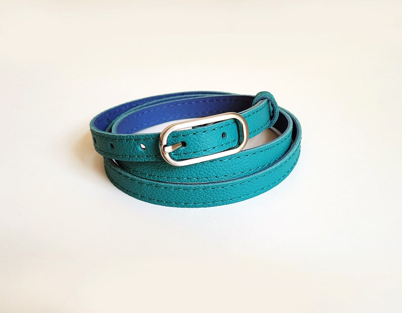 Turquoise leather belt for women with silver colour metal buckle image 2