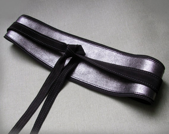 Dark Silver Leather Obi Belt: Wide Metallic Wrap Waist Belt  display picture 3