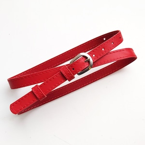 Red leather waist belt for women, Natural leather skinny belt