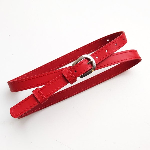 Red leather waist belt for women, Natural leather skinny belt