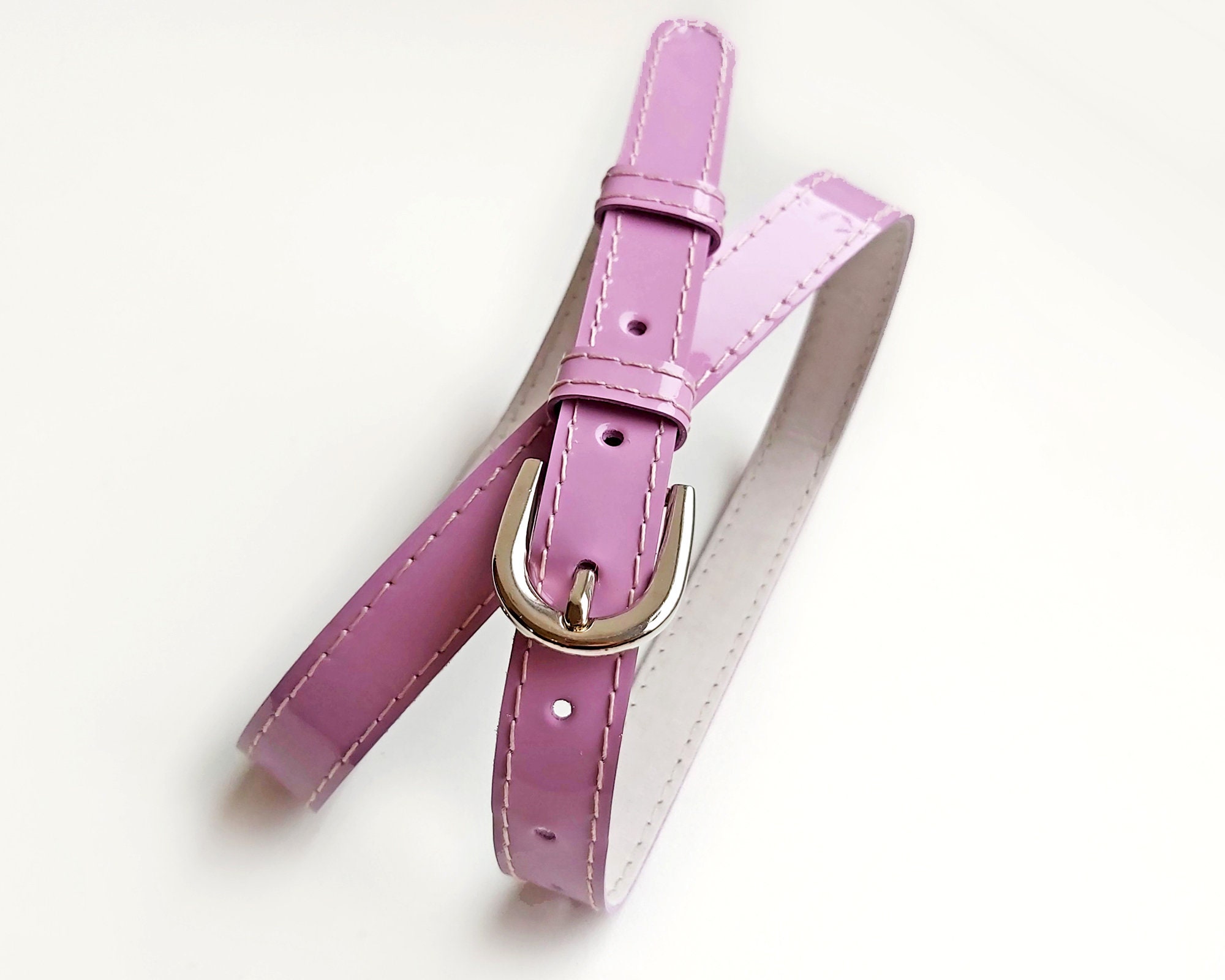 Lilac Patent Leather Belt, Skinny Waist Belt in Purple Rose 