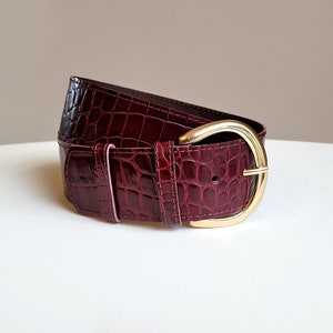 Burgundy Croc Leather Belt With Moon Buckle. 2 Inch Wide Croc Pattern
