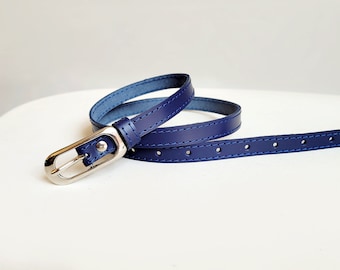 Navy Blue Leather Skinny Belt: Natural Leather, Oval Buckle