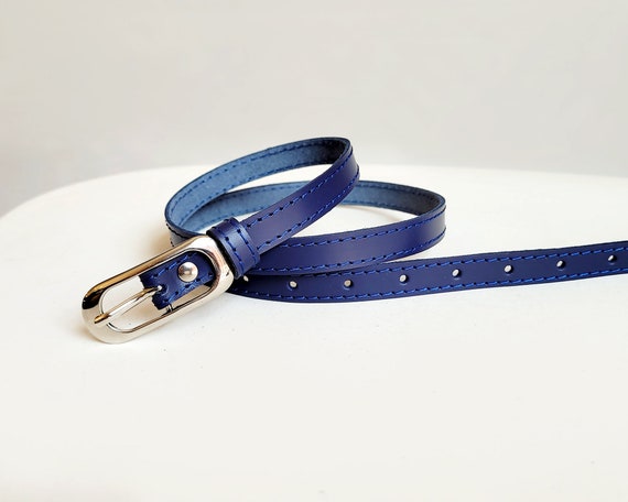 Navy Blue Leather Skinny Belt: Natural Leather Waist Belt  display picture 1
