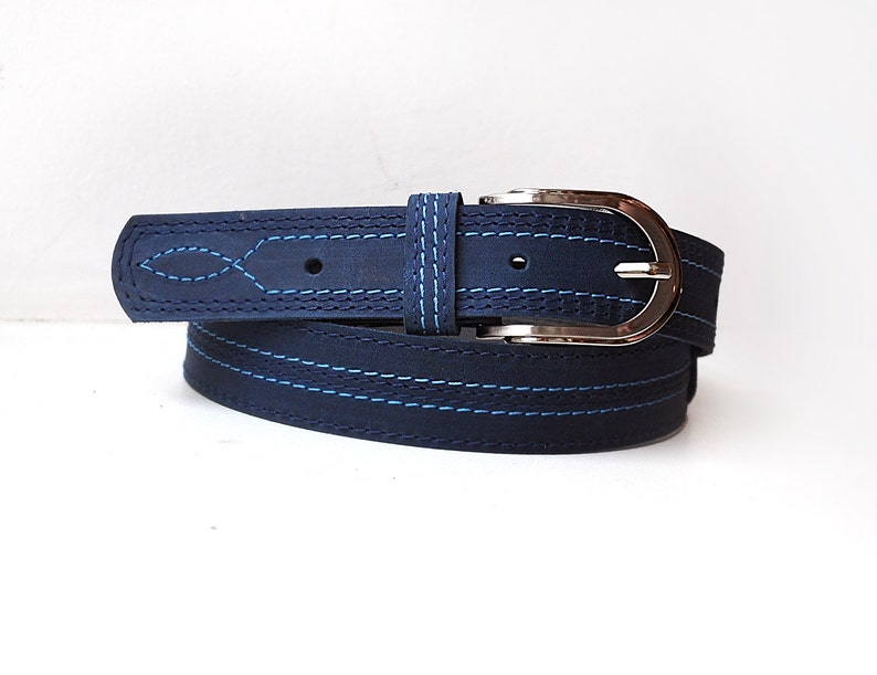 Dark Blue Leather Belt Navy Belt With Contrasting Seams - Etsy