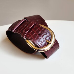 Burgundy Croc Leather Belt With Moon Buckle. 2 Inch Wide Croc Pattern