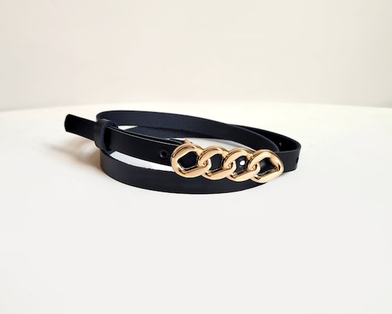 Black Leather Belt with Gold Chain Buckle Stella Belt - Black Italian Leather Belt Gold Chain Link  main image 4