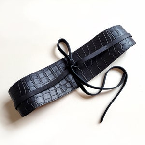 Black Croc Leather Obi Belt: Wide Waist Tie Belt