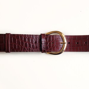 Burgundy Croc Leather Belt With Moon Buckle. 2 Inch Wide Croc Pattern
