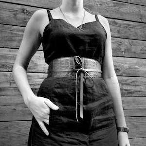 Black leather croc pattern obi belt, Wide waist tie belt