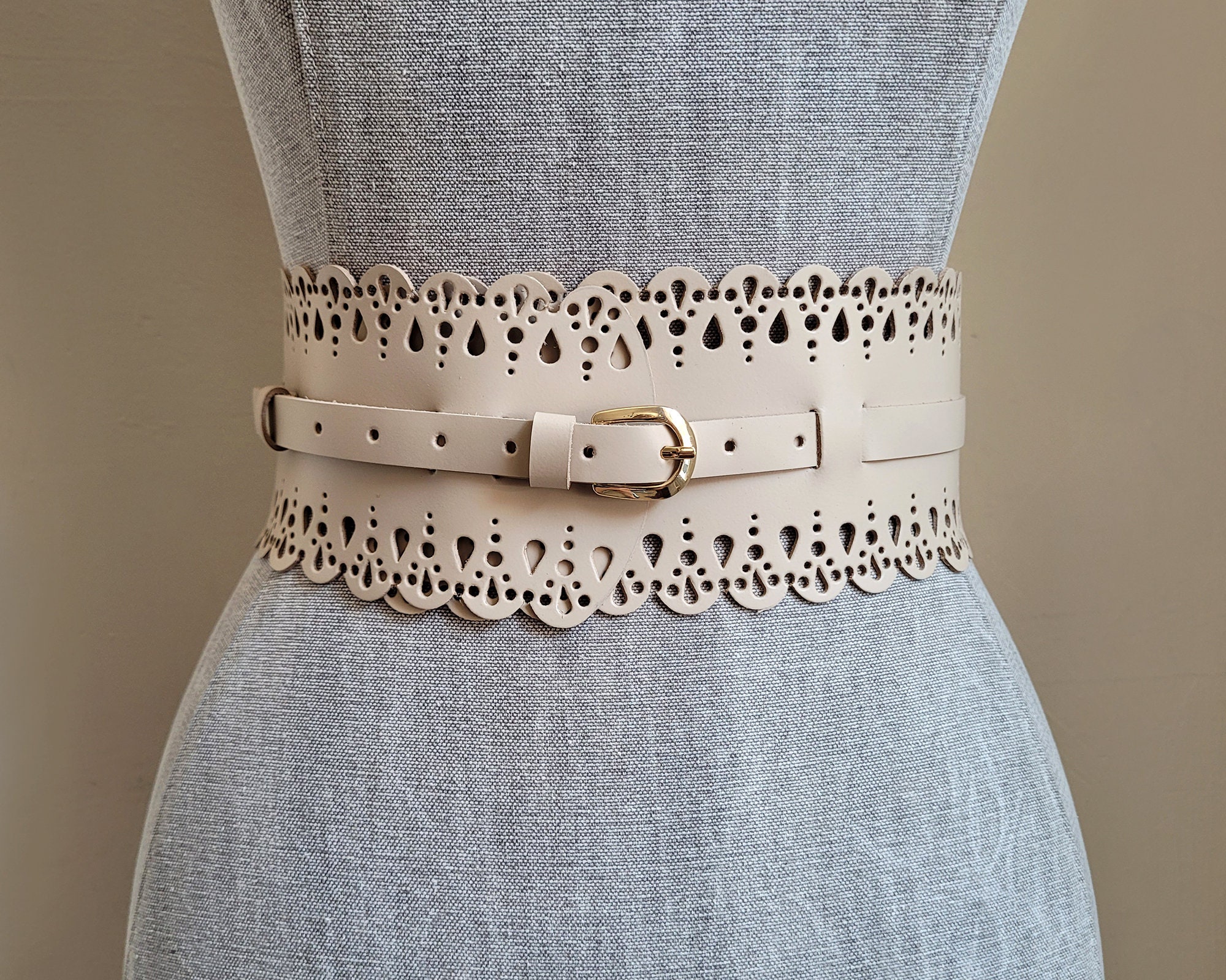 Y2K Lace Corset Belt Cream Leather Lace Up Wide Elastic Waist Statement Romantic Cream Corset Belt - Etsy main image 4