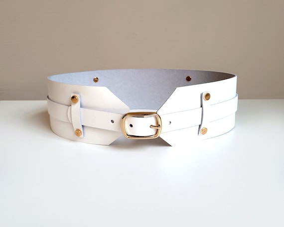 【cacharel】 WHITE LEATHER wide BELT Wide White Leather Belt, Women's Waist Corset Belt for Dress