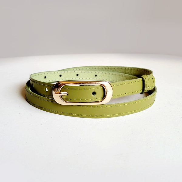 Lime colour belt from natural leather with gold or silver buckle. Women's waist belt in yellow green