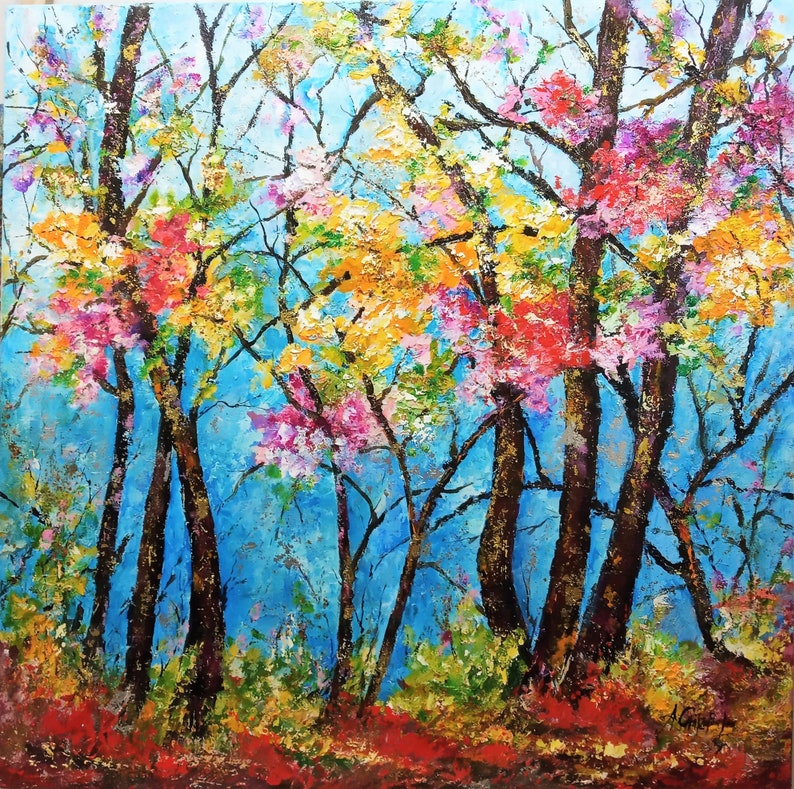 Spring Forest,24x32'' Original Acrylic Trees Art, Abstract Mixed ...