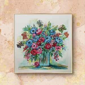 Fiori astratti in acrilico e acquerello su vaso, Fiori e farfalle dorate, Pittura floreale in acrilico e acquerello dorato,