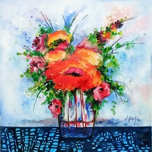 Original Watercolor painting,Abstract flower Art painting,Floral Art, Blue and Rainbow watercolor painting Wall art
