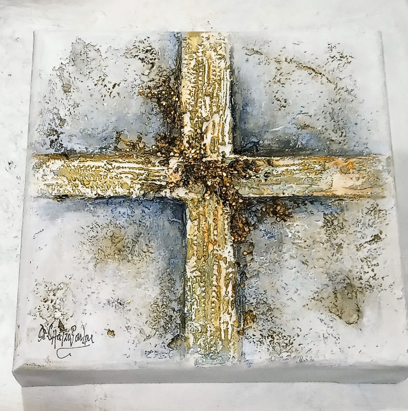 Christian Wall Art, Gold Cross Painting Art, Christian Art Gift, Thick