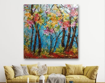 Forêt de printemps, art original d'arbres acryliques 24x32'', peintures abstraites à texture mixte, art or-argent, peinture murale d'arbres