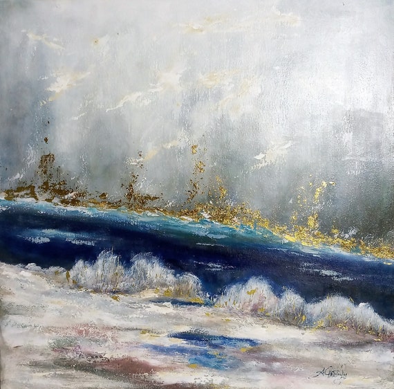 In Grey Blue And Goldlarge Blue Gold Abstract Landscape Etsy