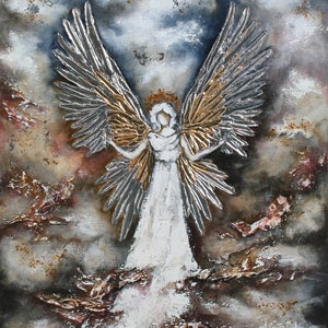 Abstract Angel painting, White Angel, Pink Gold Silver Leaf Angel Wings Painting, Mixed Heavy Textured Art, Guardian Angel art