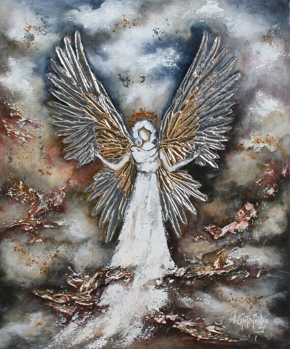 Abstract Angel Painting, White Angel, Pink Gold Silver Leaf Angel Wings  Painting, Mixed Heavy Textured Art, Guardian Angel Art - Etsy