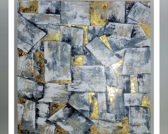 Abstract Geometric Gold painting,Black White Gray Gold Geometric art,Acylic painting on canvas,Minimalist art,Mixed technique art.