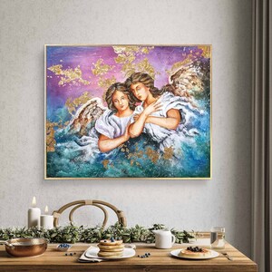 Two Guardian Angels, Angels art on Canvas, Original Acrylic Gold Angel painting,  Contemporary art
