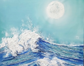 Original Ocean Waves Painting on Canvas, Teal tone Textured Painting, Abstract Wave art, Teal White Wall Art