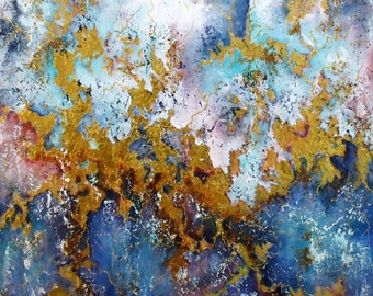 Original Gold Abstract painting,Thick Texture Gold Blue Art- 24K Gold leaf, Contemporary Art,Golden Path in Blue.