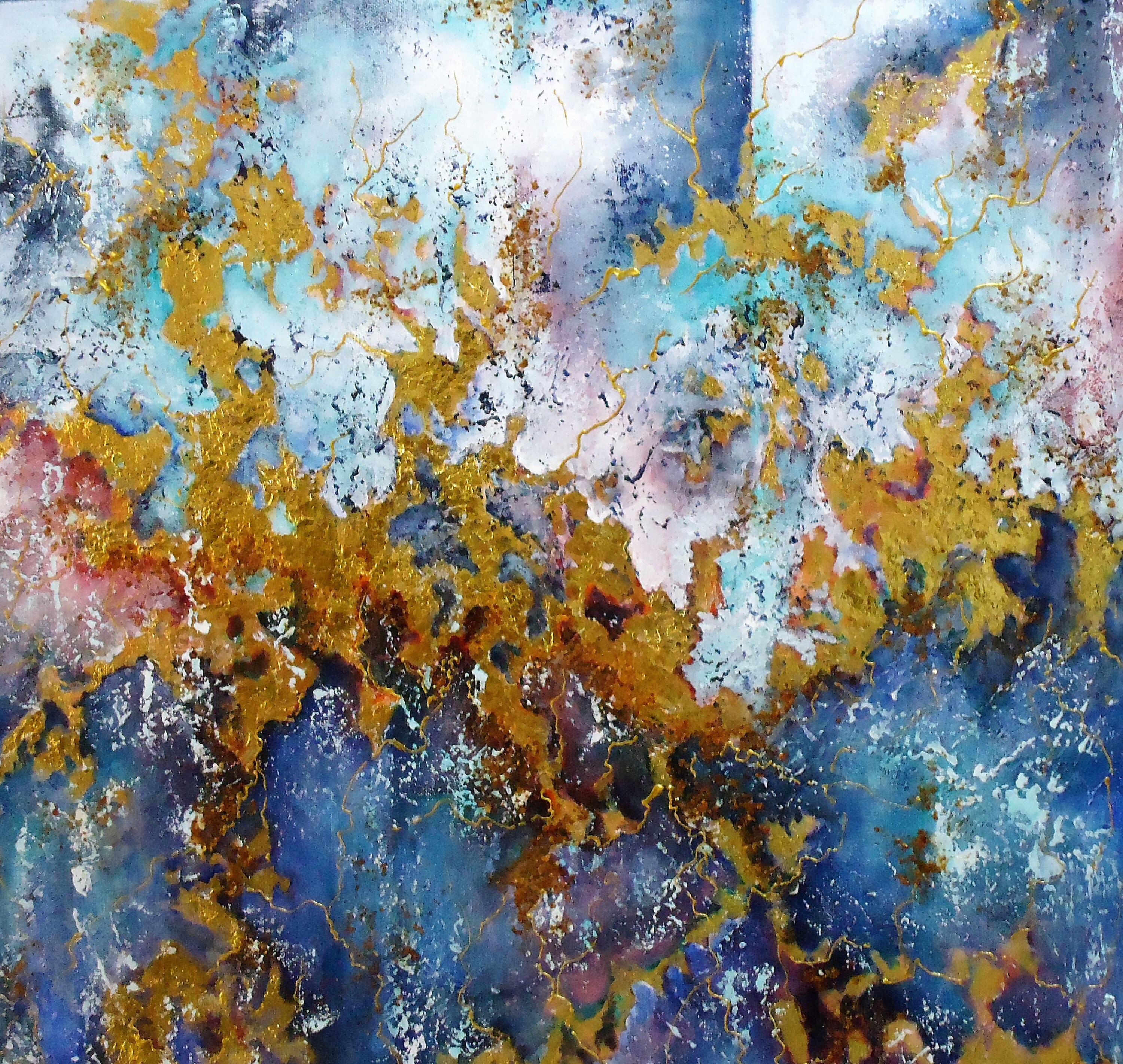 Original Gold Abstract painting,Thick Texture Gold Blue Art- 24K Gold leaf, Contemporary Art,Golden Path in Blue.