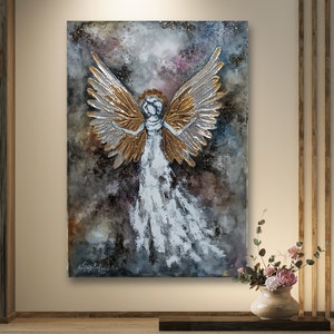 Angelo bianco astratto, OOAK Acquerello Gouache Angelo arte, ali d'angelo oro rosa-argento 22k, tecnica mista oro-argento arte murale