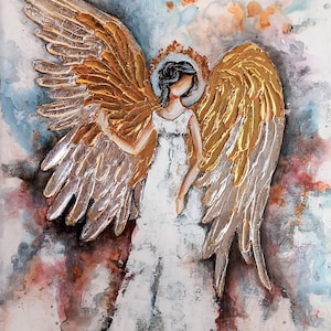 Original Abstract White Guardian Angel painting Gold Silver Angel Wings Guardian Angel art, Mixed Technique Contemporary Angel painting art