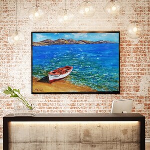 Pittura acrilica e acquerello originale, pittura di vista sul mare, arte della barca, arte delle vibrazioni estive, in acque calme, barca sulla spiaggia