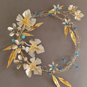Metal Wall art, Metal Wreath Art, Original metal Wreath with Blue flower, Metal art Blue beads